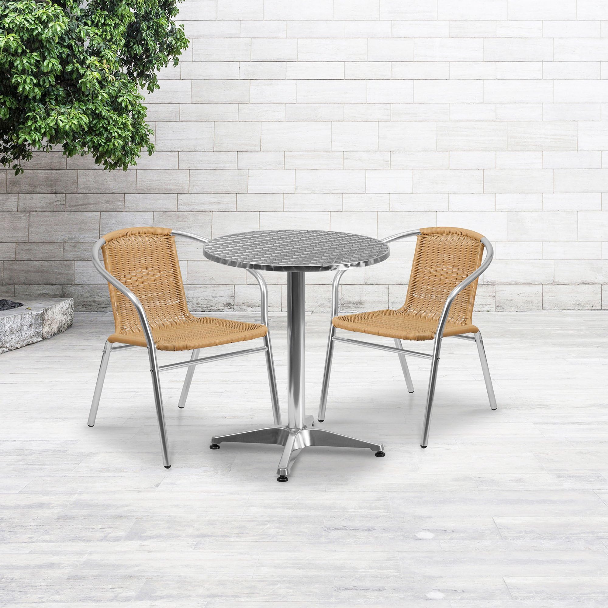 Flash Furniture Lila 23.5'' Round Aluminum Indoor-Outdoor Table Set with 2 Beige Rattan Chairs