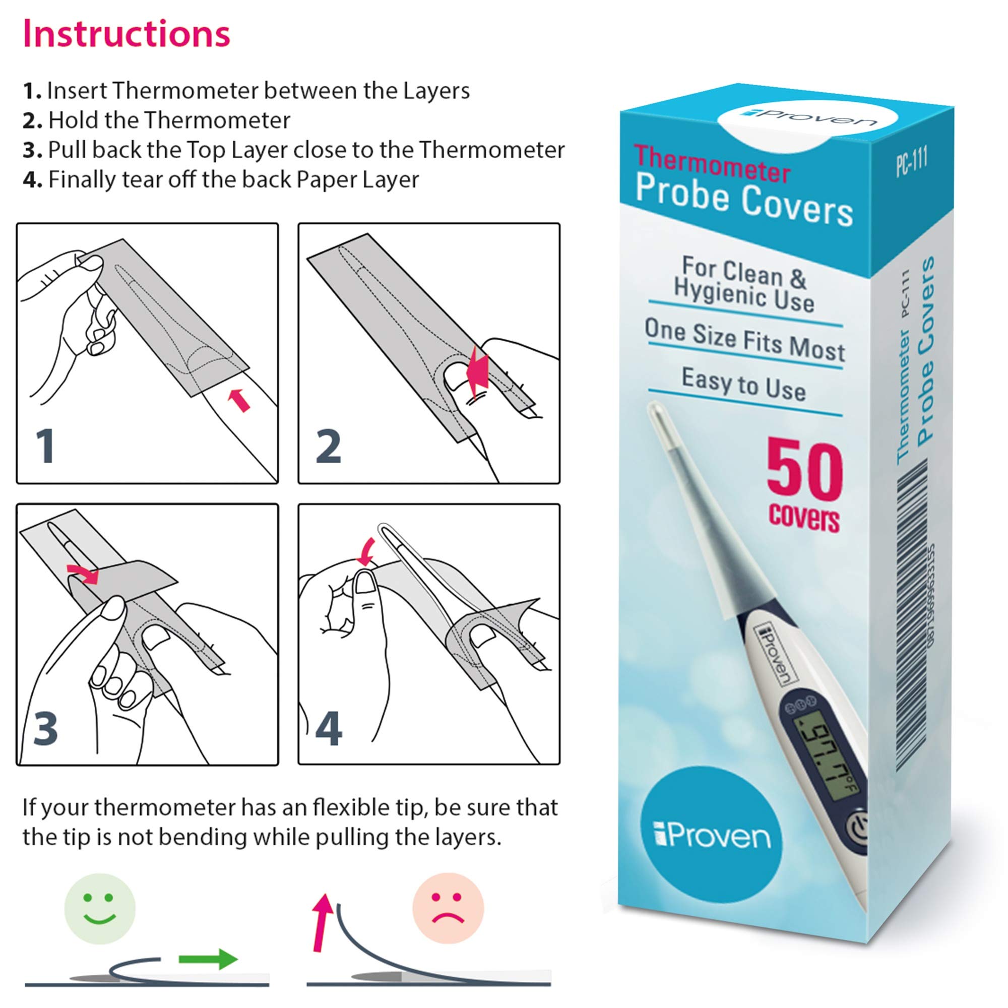 iProven Disposable Probe Covers for Oral Thermometer and Rectal Thermometer, 50 Count - iProven PC-111