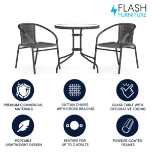 Flash Furniture 3-Piece Patio Dining Set with Round Glass Metal Table and 2 Stackable Rattan Chairs, Indoor/Outdoor Bistro Table and Chairs Set, Gray