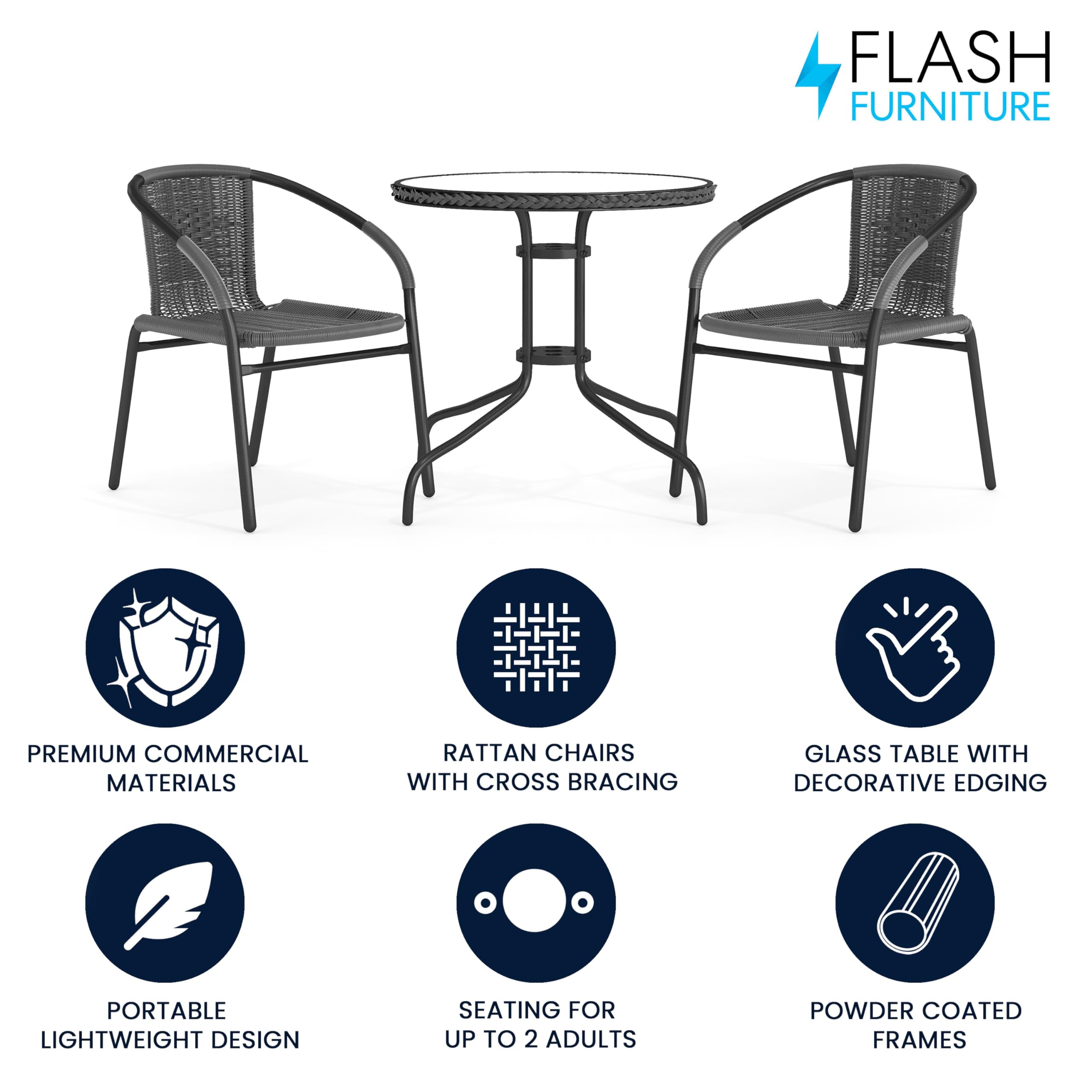 Flash Furniture 3-Piece Patio Dining Set with Round Glass Metal Table and 2 Stackable Rattan Chairs, Indoor/Outdoor Bistro Table and Chairs Set, Gray