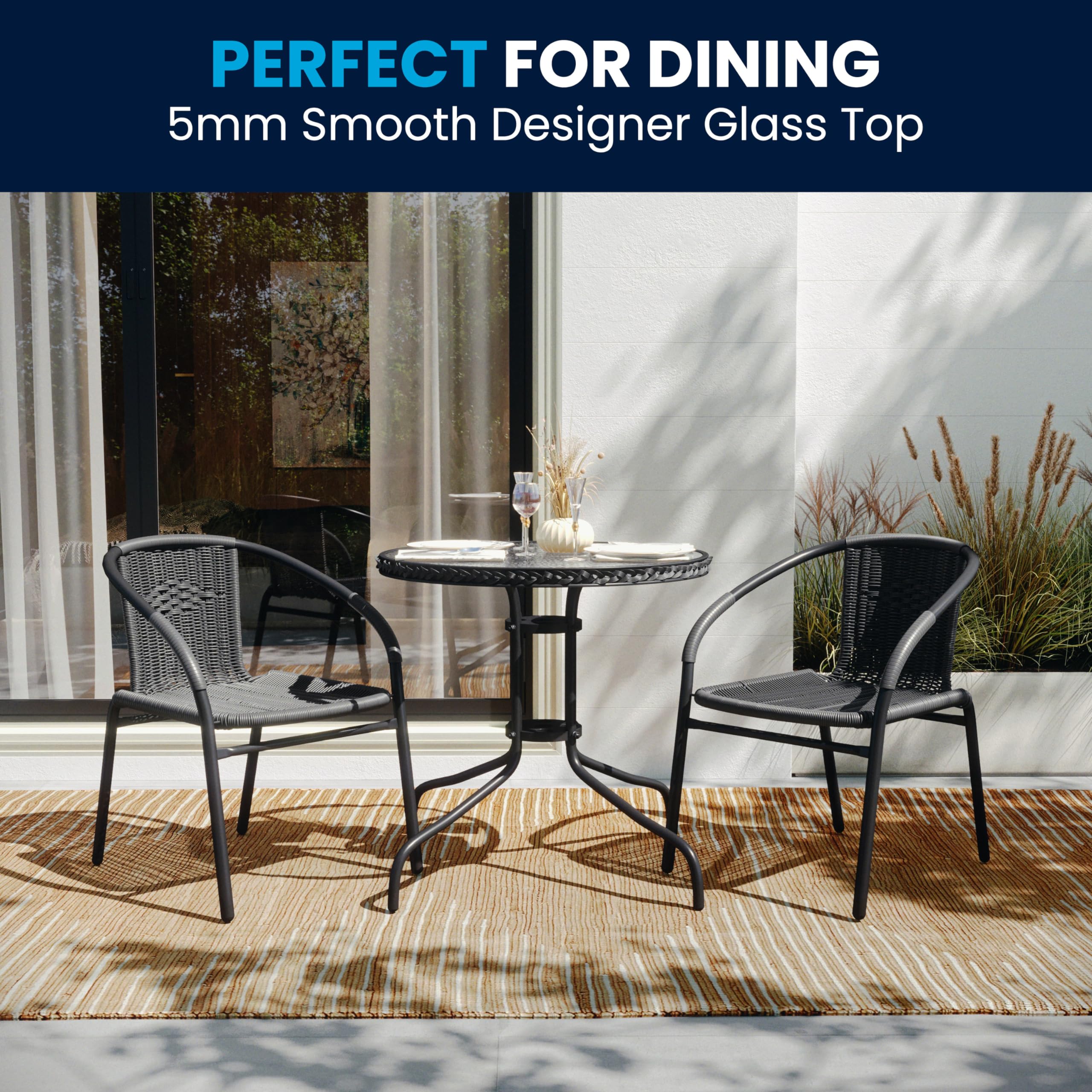 Flash Furniture 3-Piece Patio Dining Set with Round Glass Metal Table and 2 Stackable Rattan Chairs, Indoor/Outdoor Bistro Table and Chairs Set, Gray