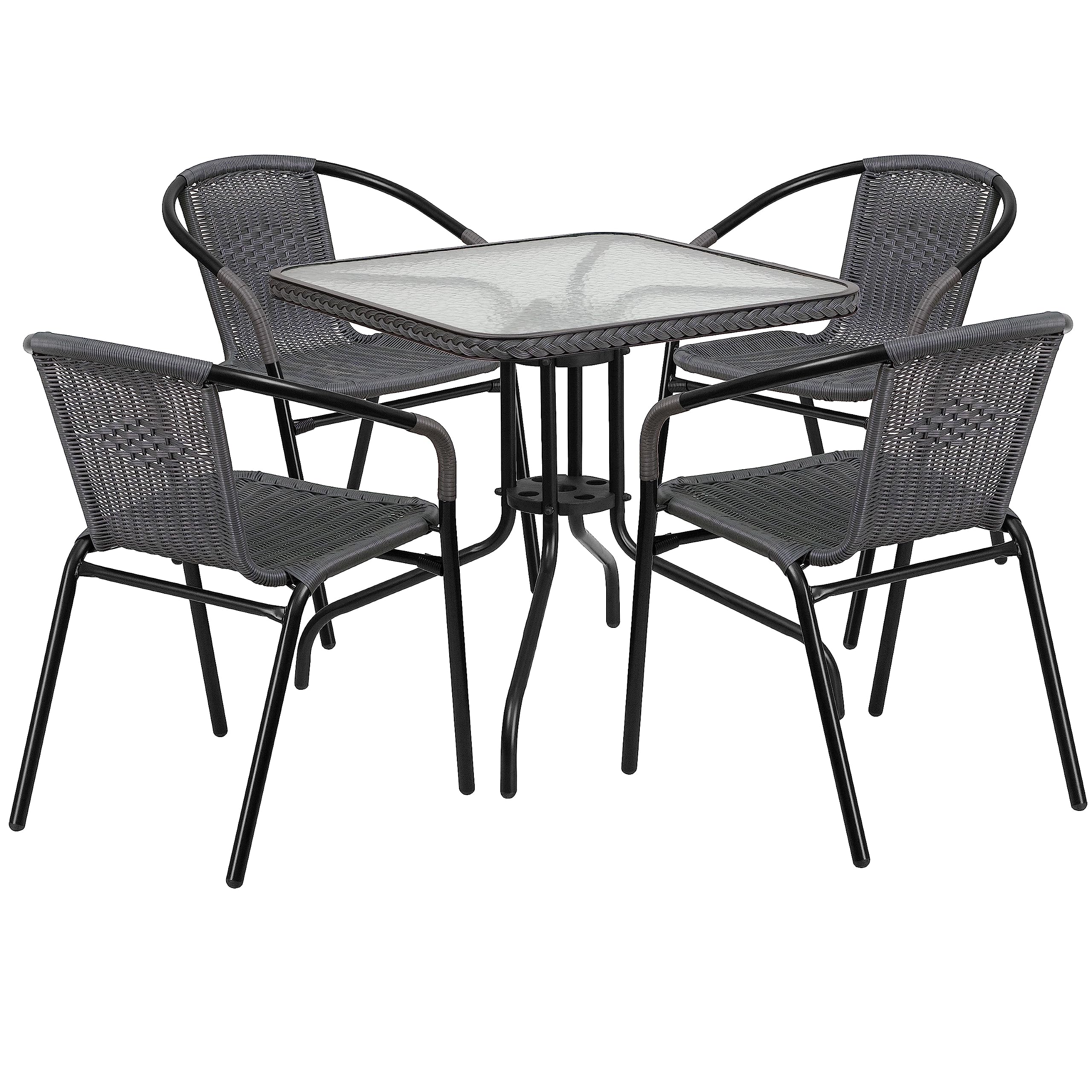 Flash Furniture 5-Piece 28" Square Indoor/Outdoor Patio Table and Chairs Set, Glass Metal Bistro Table and 4 Stacking Rattan Chairs, Gray