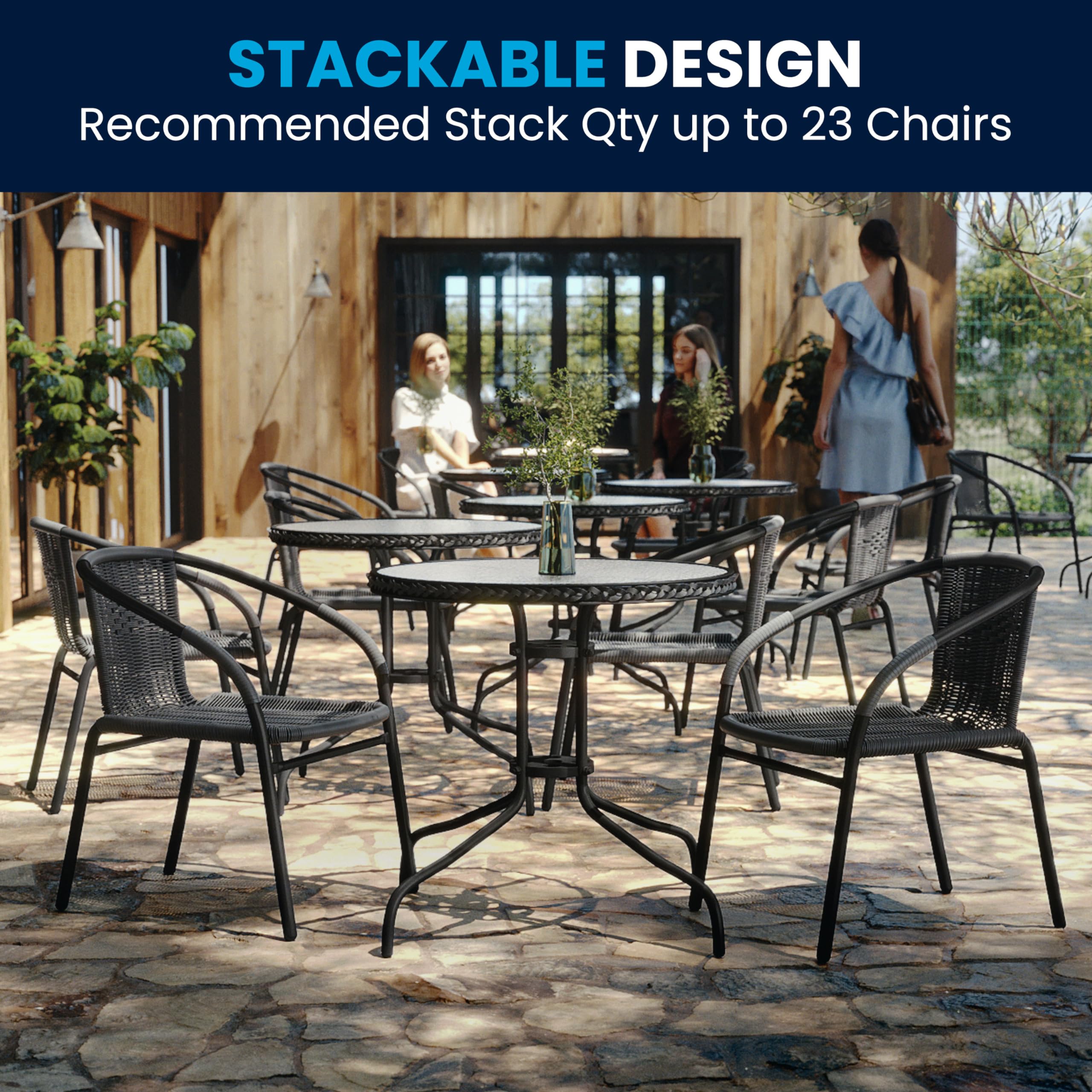 Flash Furniture 3-Piece Patio Dining Set with Round Glass Metal Table and 2 Stackable Rattan Chairs, Indoor/Outdoor Bistro Table and Chairs Set, Gray