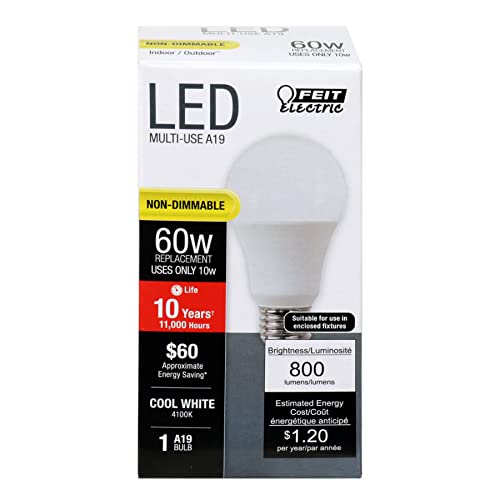 Feit Electric LED Light Bulbs, A19 60W Equivalent, Non Dimmable, 800 Lumens, A19 LED Light Bulbs, E26 Base, 4100k Cool White, A19 LED Bulbs, 10 Year Lifetime, 1 Pack, A800/841/10KLED