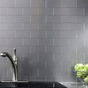 Art3d 32-Piece Peel and Stick Backsplash Tiles, Brushed Metal Subway Backsplash Tile for Kitchen (3"x6", Silver)