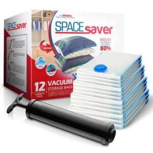 spacesaver 6 pack vacuum storage bags for travel and home - save 80% space - compression vacuum sealer bags for clothing, comforters, and bedding - with hand pump, 2 each medium, large, jumbo