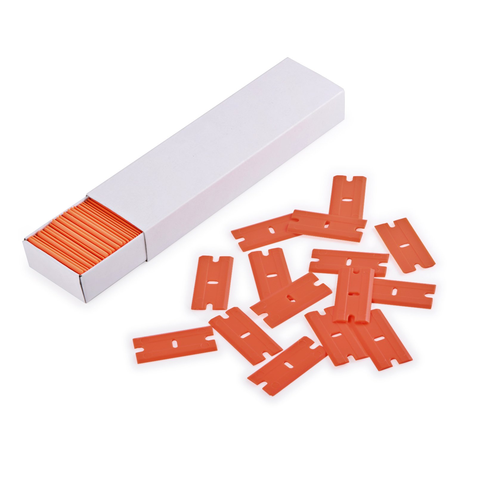 EHDIS Plastic Razor Blades 100 PCS Double Edged Plastic Blade for Safety Glass Scraper and Plastic Razor Scraper Tool for Remove Decals Stickers Adhesive Label Glue and Glass Clean-Orange