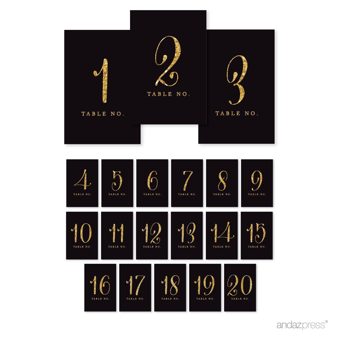 Andaz Press Table Numbers 1-20, Gold Glitter Print, 4X6-Inch Single-Sided Cardstock Sign, Black, 1-Set Glitter Cardstock Numbers Black And Gold Table Numbers 1-20