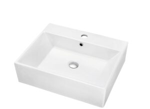 contemporary vessel above-counter rectangle ceramic art basin with single hole for faucet and overflow, white