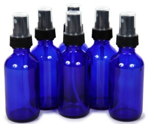 6, cobalt blue, 2 oz glass bottles, with black fine mist sprayers