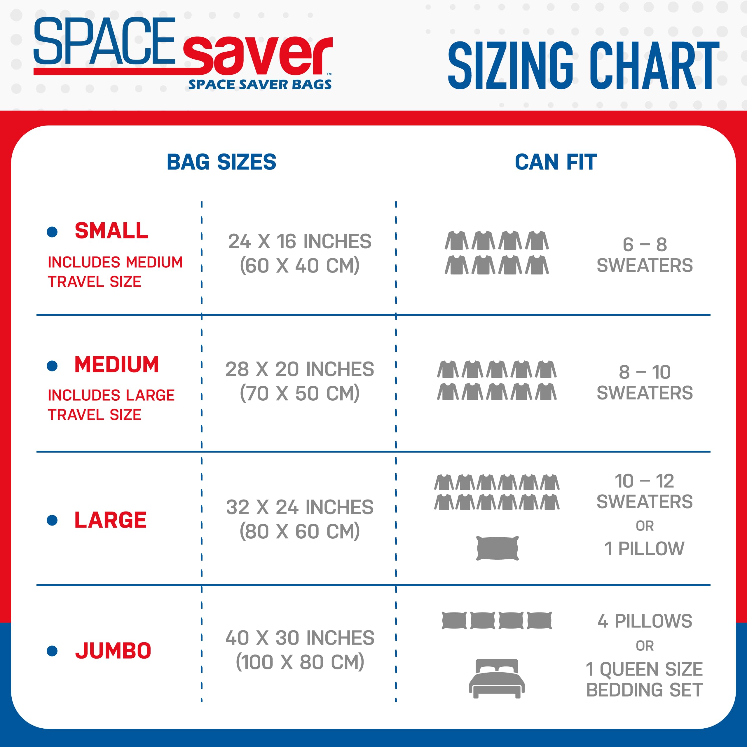 Spacesaver 6 Pack Vacuum Storage Bags for Travel and Home - Save 80% Space - Compression Vacuum Sealer Bags for Clothing, Comforters, and Bedding - With Hand Pump, 2 Each Medium, Large, Jumbo