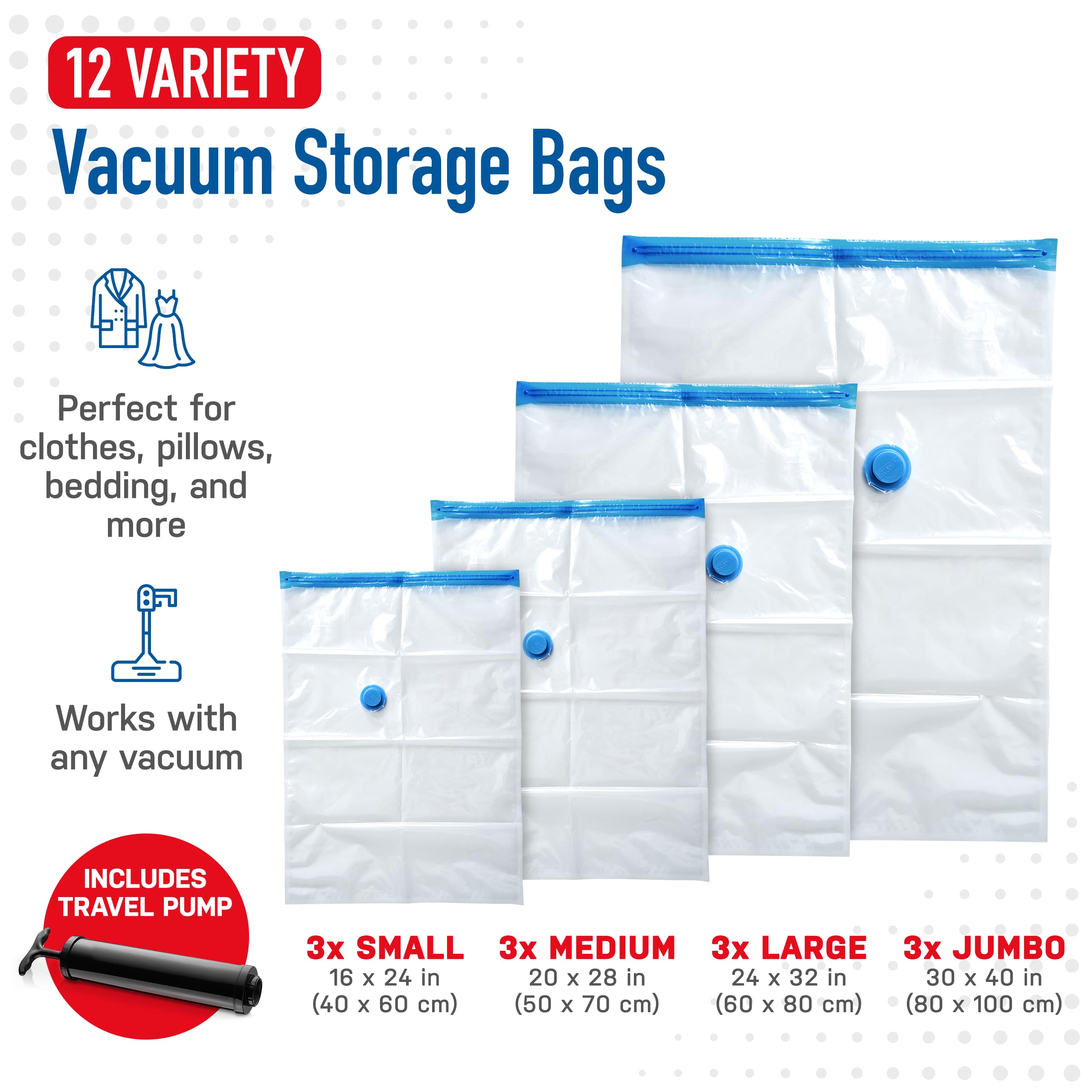 Spacesaver 6 Pack Vacuum Storage Bags for Travel and Home - Save 80% Space - Compression Vacuum Sealer Bags for Clothing, Comforters, and Bedding - With Hand Pump, 2 Each Medium, Large, Jumbo