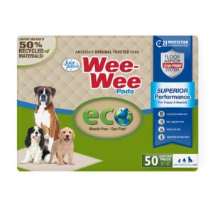 four paws wee-wee superior performance eco pee pads for dogs - earth-friendly dog & puppy pads for potty training - dog housebreaking & puppy supplies - 22" x 23" (50 count),white