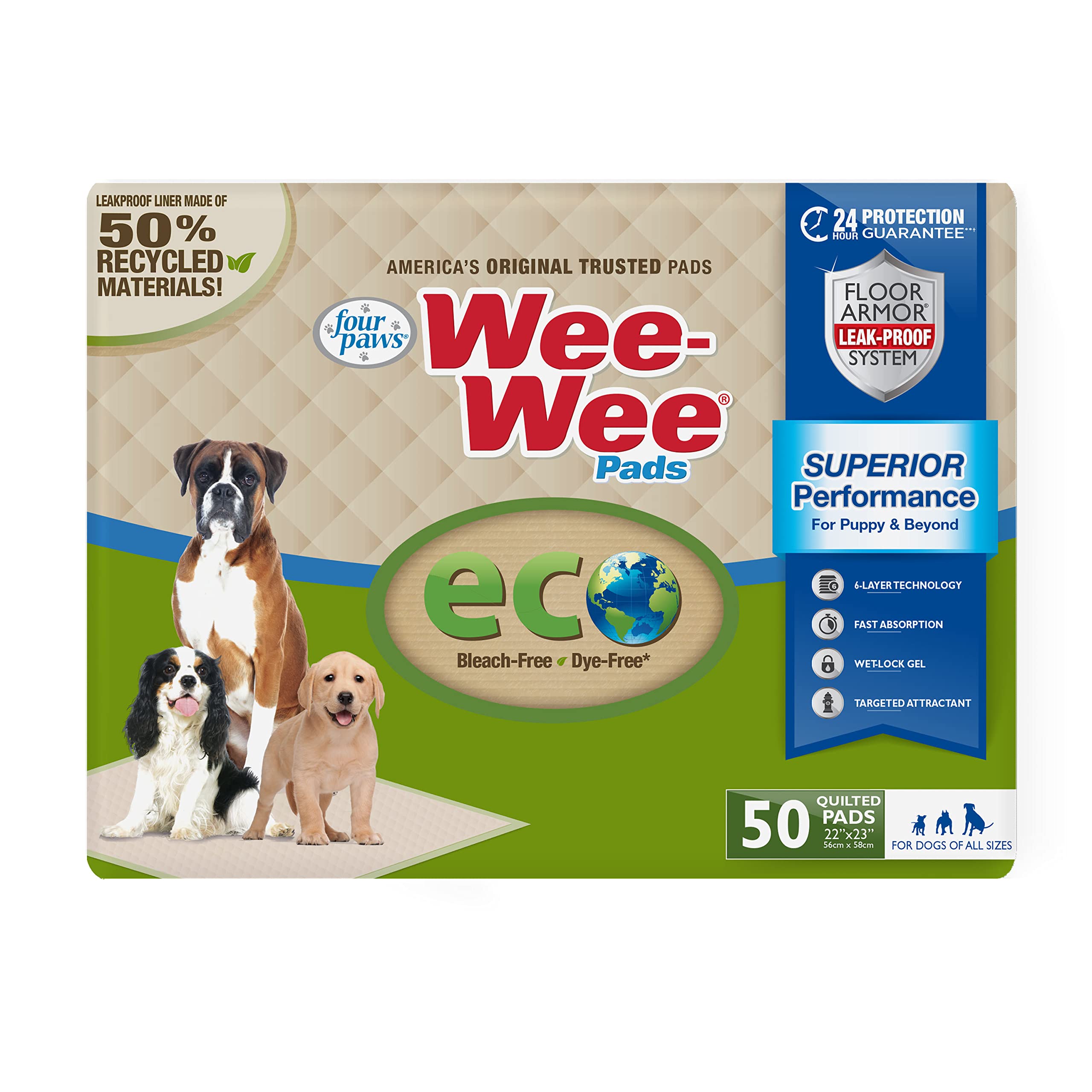 Four Paws Wee-Wee Superior Performance Eco Pee Pads for Dogs - Earth-Friendly Dog & Puppy Pads for Potty Training - Dog Housebreaking & Puppy Supplies - 22" x 23" (50 Count),White