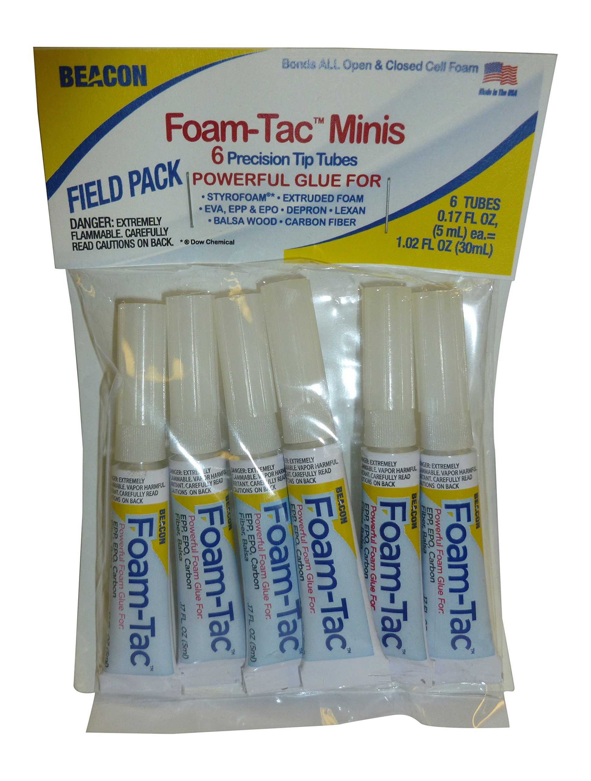 Beacon Foam-Tac Powerful Glue - Fast-Drying, Waterproof, Ideal for Foam, Plastics, Balsa Wood, and Carbon Fiber - Perfect for RC Builders, 6 Tube Bag, 1-Pack