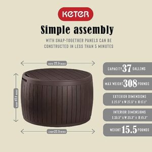 Keter Circa 3-in-1 Outdoor Resin Ottoman Deck Storage Box with 37-Gallon Storage, All-Weather, Easy Assembly, Stylish Patio Table and Seat, Brown