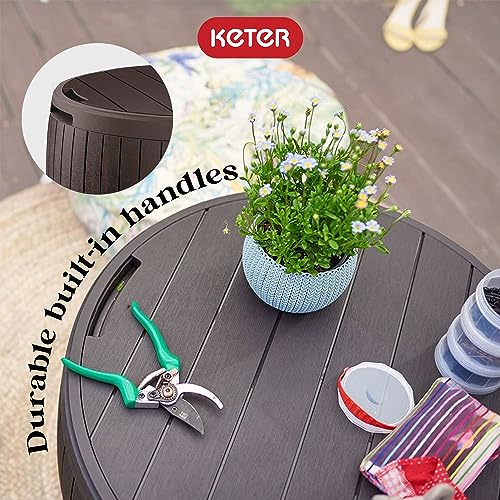 Keter Circa 3-in-1 Outdoor Resin Ottoman Deck Storage Box with 37-Gallon Storage, All-Weather, Easy Assembly, Stylish Patio Table and Seat, Brown