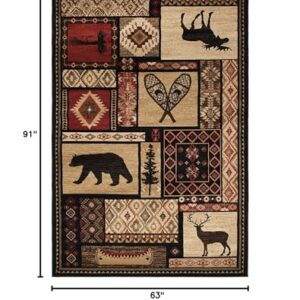 Rustic Lodge Bear Moose Deer Panel 5x8 Red Area Rug, 5'3"x7'7" 6913