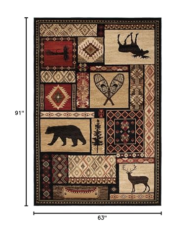 Rustic Lodge Bear Moose Deer Panel 5x8 Red Area Rug, 5'3"x7'7" 6913