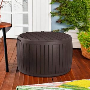 Keter Circa 3-in-1 Outdoor Resin Ottoman Deck Storage Box with 37-Gallon Storage, All-Weather, Easy Assembly, Stylish Patio Table and Seat, Brown