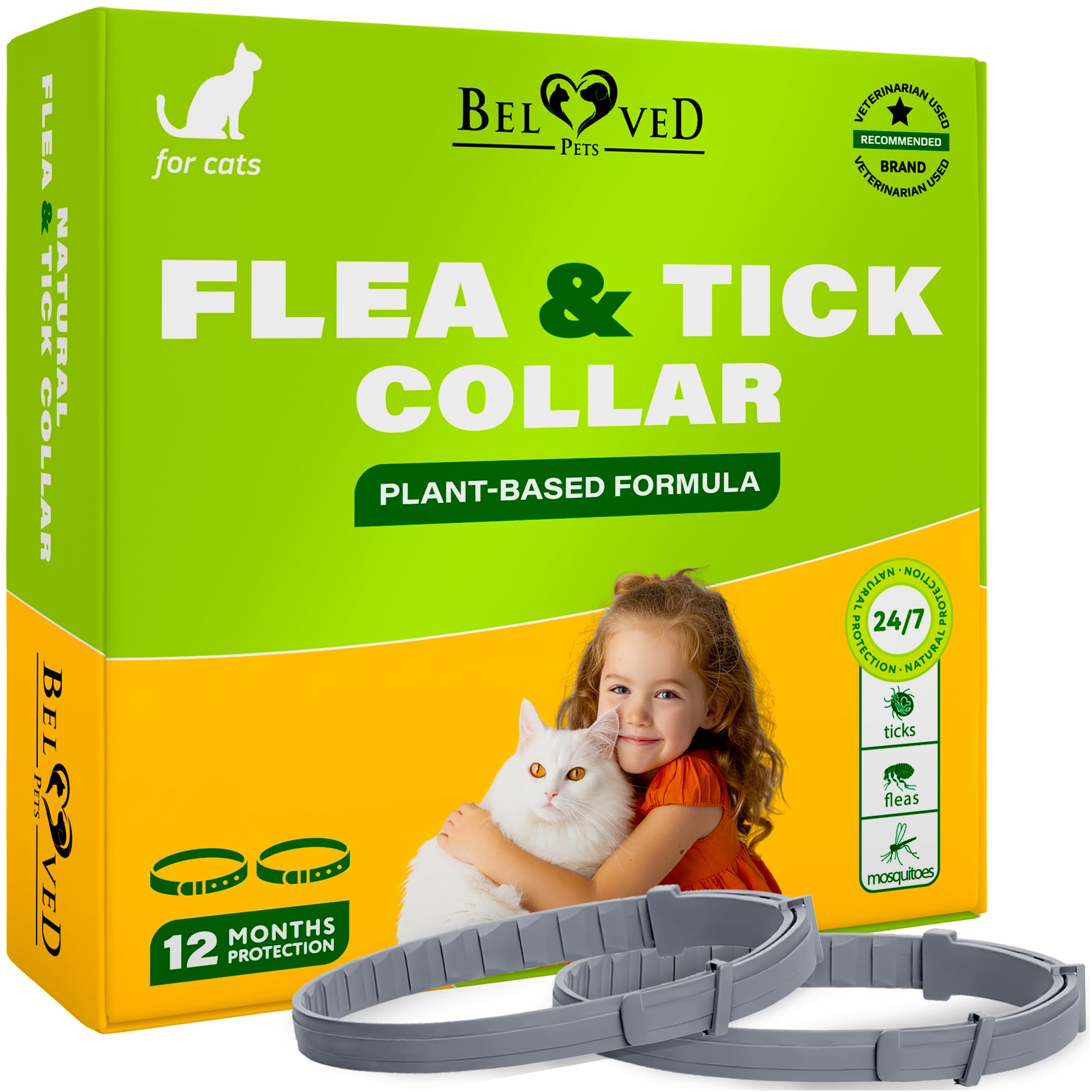 Natural Flea & Tick Collar for Cats - 12 Months Control of Best Prevention & Safe Treatment - Anti Fleas and Ticks Essential Oil Repellent (2 Pack)