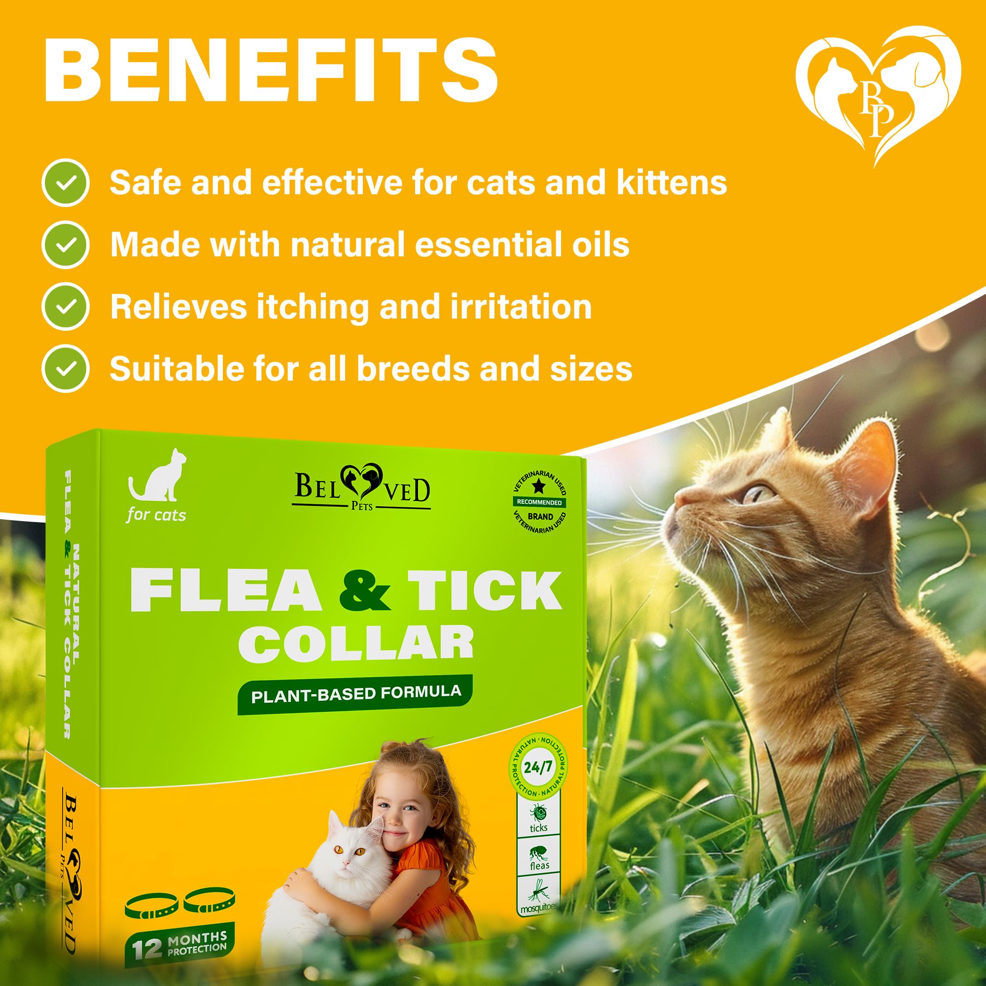 Natural Flea & Tick Collar for Cats - 12 Months Control of Best Prevention & Safe Treatment - Anti Fleas and Ticks Essential Oil Repellent (2 Pack)