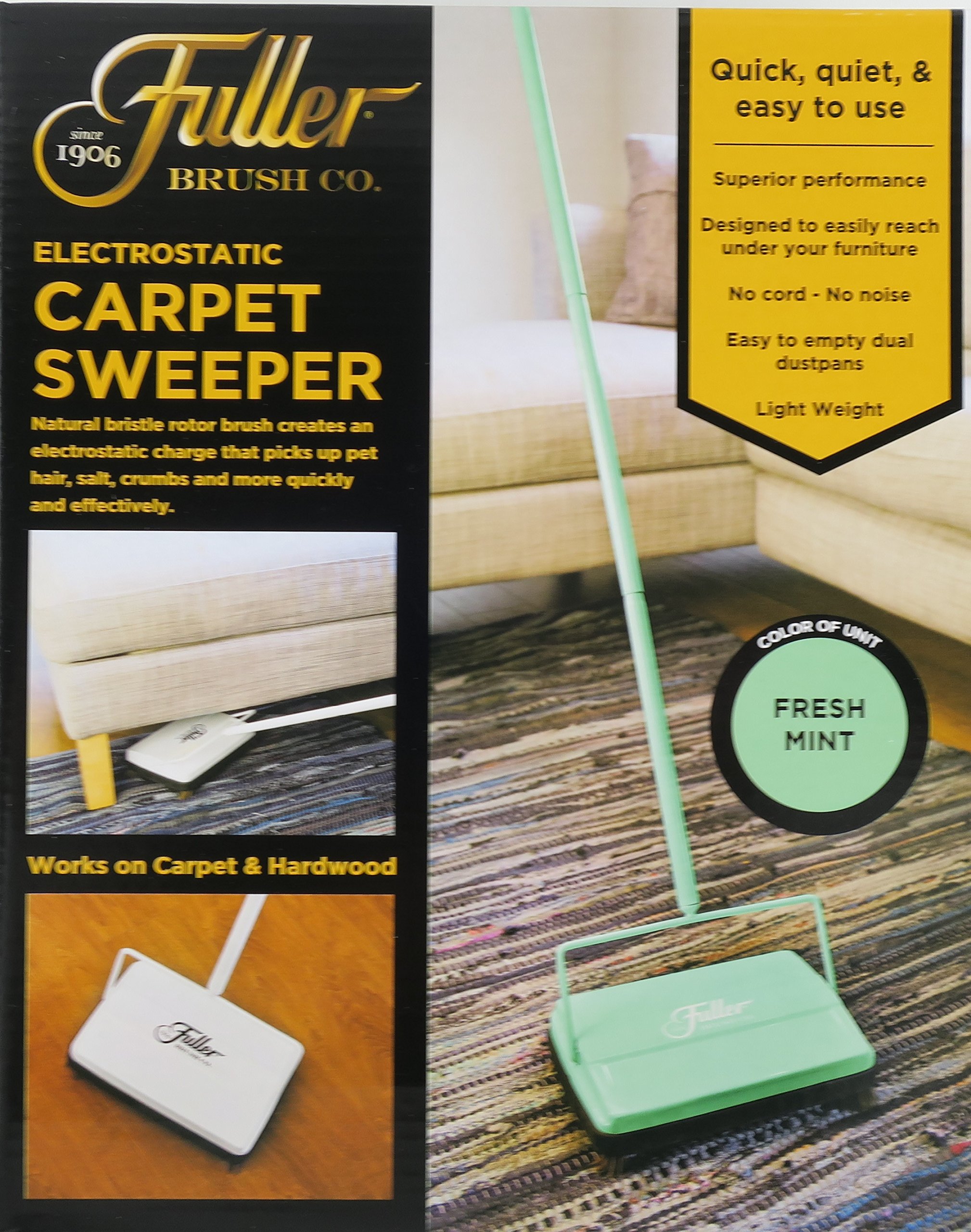 Fuller Brush 17029 Electrostatic Carpet & Floor Sweeper - 9" Cleaning Path - Lightweight - Ideal for Crumby Messes - Works On Carpets & Hard Floor Surfaces - Fresh Mint