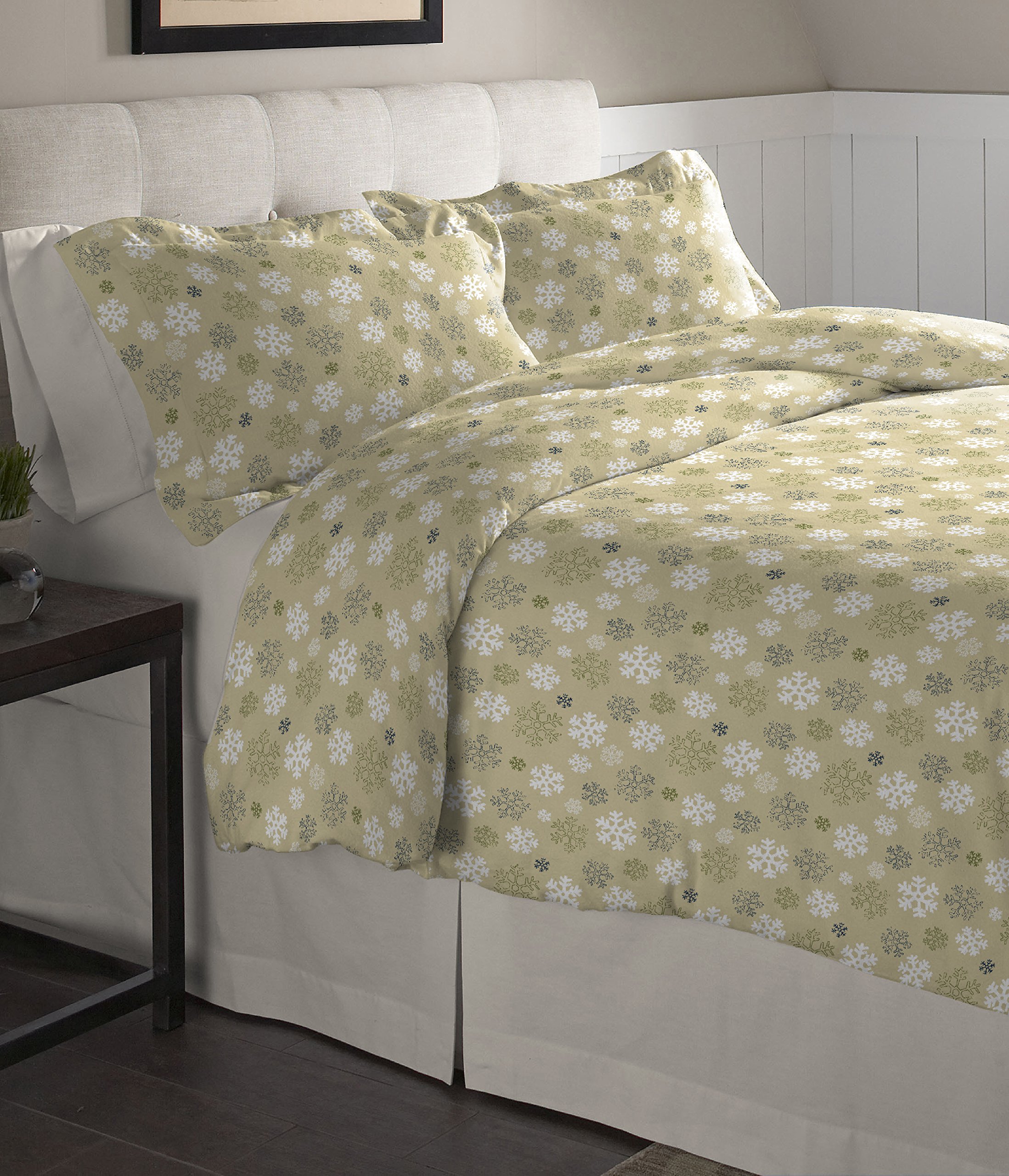 Pointehaven Flannel Oversized Duvet Set, Full/Queen, Snow Flakes Oatmeal