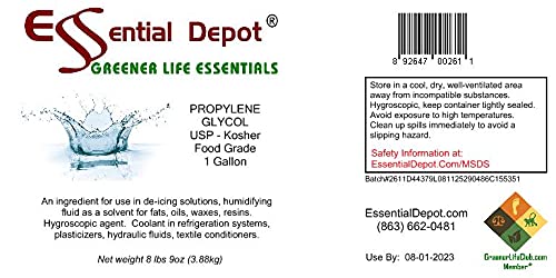 Propylene Glycol - USP - Kosher - Food Grade - USP - Kosher - 8 lb 9 oz net wt in a 1 Gallon Safety Sealed HDPE Container with resealable Cap