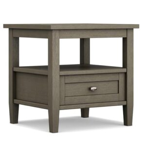 simplihome warm shaker solid wood 20 inch wide rectangle rustic end side table in farmhouse grey with storage, 1 drawer and 1 shelf, for the living room and bedroom