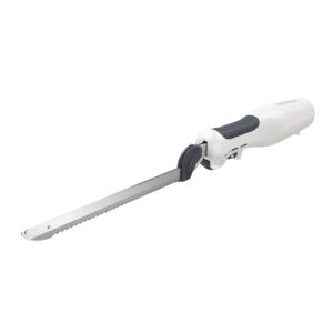 black+decker 9 inch electric carving knife, comfort grip handle & safety lock button, stainless steel blades and dishwasher safe parts, white