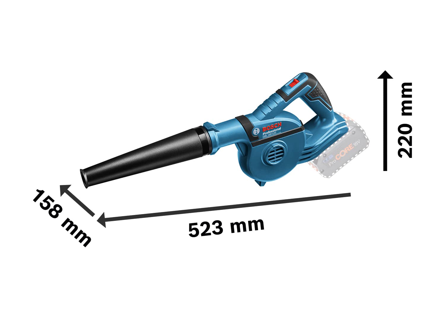 Bosch Professional GBL 18V-120 18V System Battery Blower (Including 4X Attachments, Standard Nozzle, Extension Tube, Drill Hole Nozzle, Dust Collection Container, Battery/Charger Not Included)