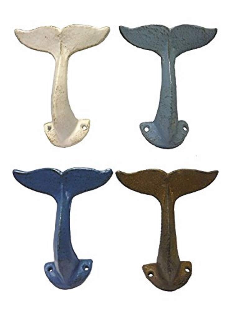 Birsppy Set of Four Nautical Whale Tail Wall Hooks - Distressed Finishes