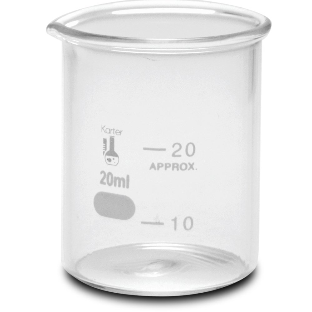 20ml Beaker, Low Form Griffin, Borosilicate 3.3 Glass, with Spout & Printed Graduations, Karter Scientific 232M4