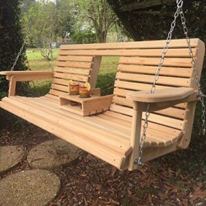 5 ft cypress porch swing with flip down console cup holders & unique adjustable seating angle