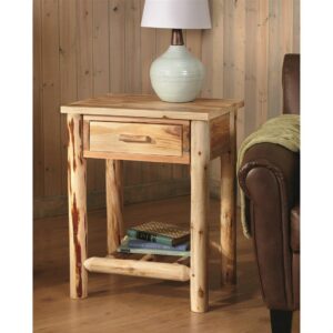 CASTLECREEK Pine Log End Table Nightstand, Rustic Natural Weathered Look Wooden Side Tables with Storage Drawer for Living Room Couch, Bedroom