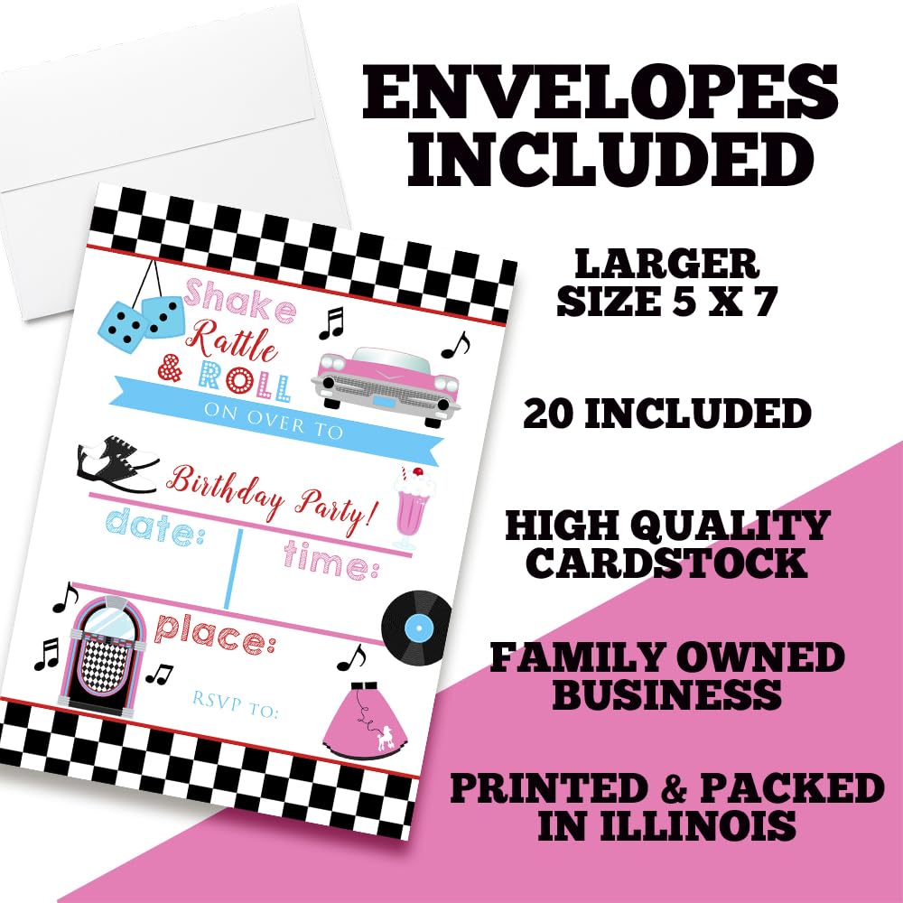 50's Sock Hop Birthday Party Invitations, 20 5x7 Fill In Cards with Twenty White Envelopes by AmandaCreation