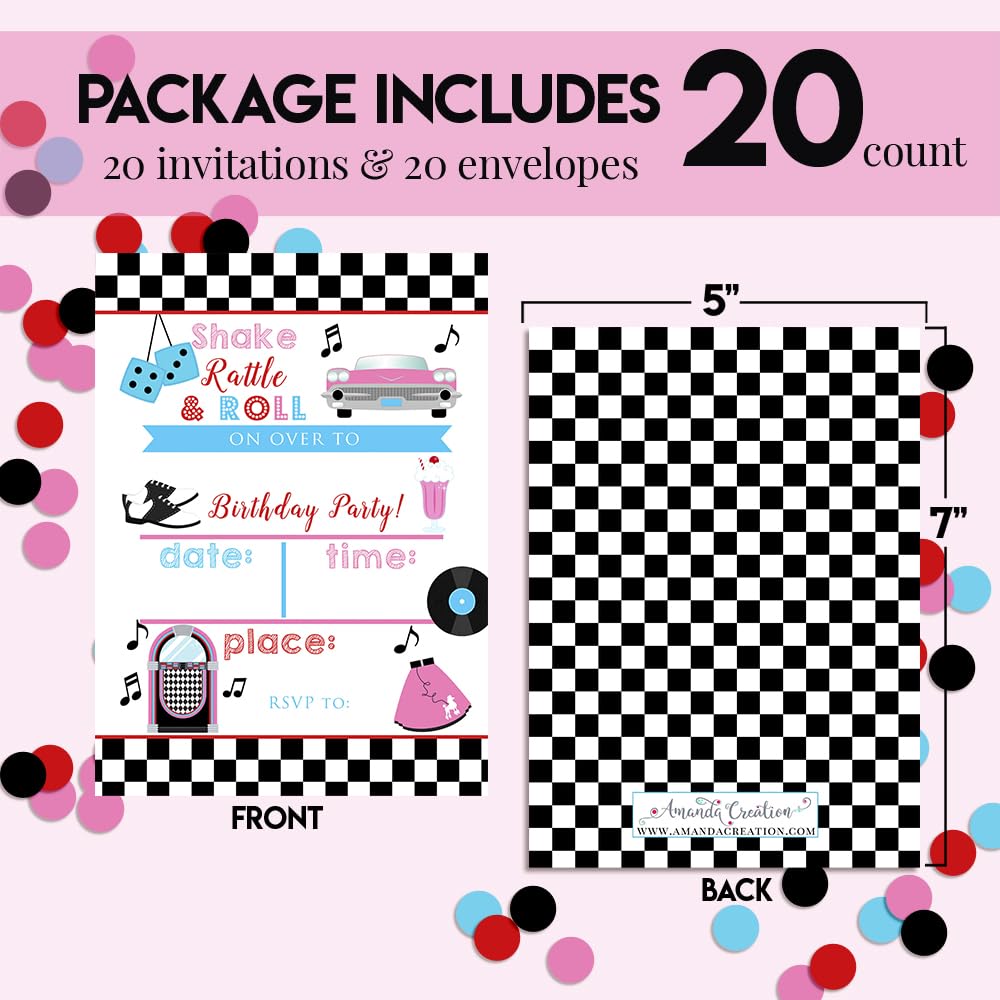 50's Sock Hop Birthday Party Invitations, 20 5x7 Fill In Cards with Twenty White Envelopes by AmandaCreation