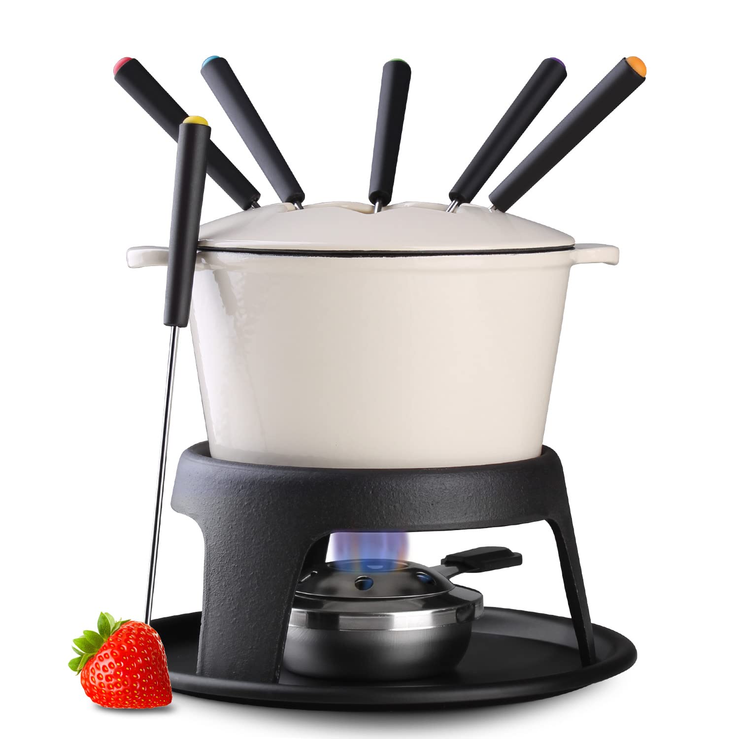 Artestia Cast Iron Fondue Pot Set for Chocolate Cheese Swiss Fondue Pot Set for Meat with 6 Fondue Forks, Cheese Camping Fondue Set Serve 6 Persons(White)