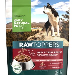 Only Natural Pet Raw Toppers - Freeze Dried Meal Topper, High Protein and Grain Free, Whole Food Nutrition for Dogs, Grass-Fed Beef & Tripe Recipe Flavored - 10 Ounce Bag