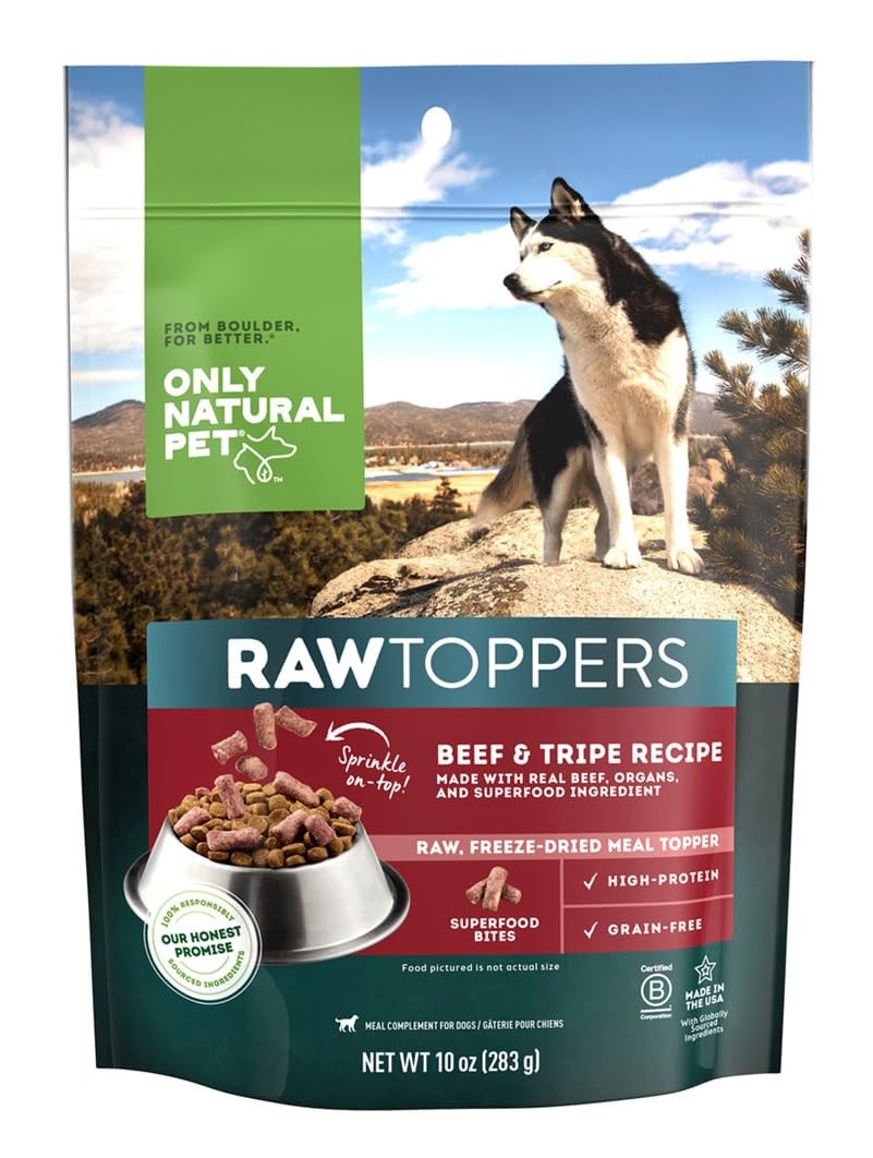 Only Natural Pet Raw Toppers - Freeze Dried Meal Topper, High Protein and Grain Free, Whole Food Nutrition for Dogs, Grass-Fed Beef & Tripe Recipe Flavored - 10 Ounce Bag