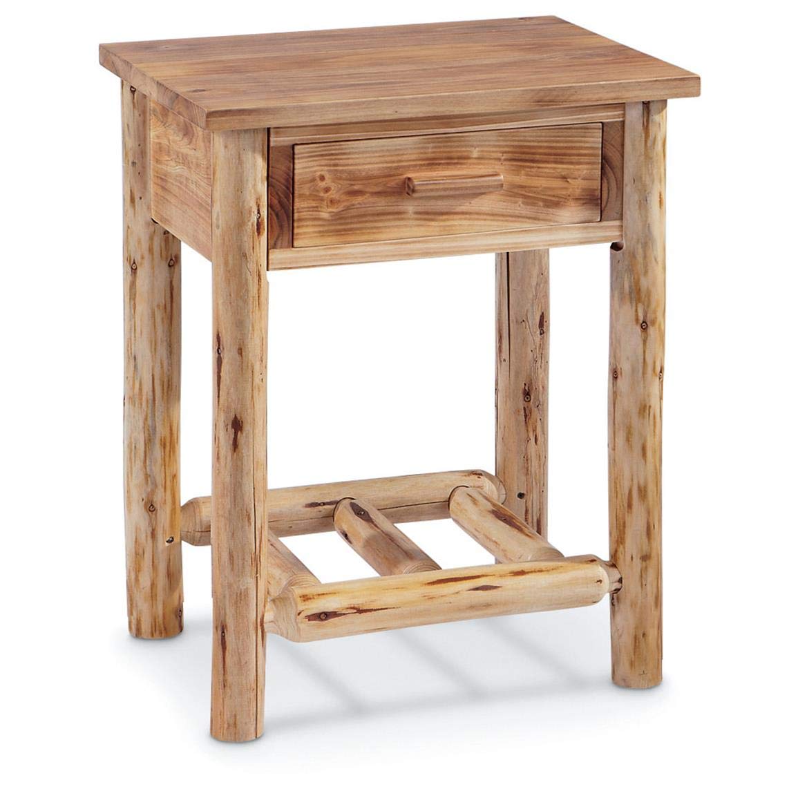 CASTLECREEK Pine Log End Table Nightstand, Rustic Natural Weathered Look Wooden Side Tables with Storage Drawer for Living Room Couch, Bedroom