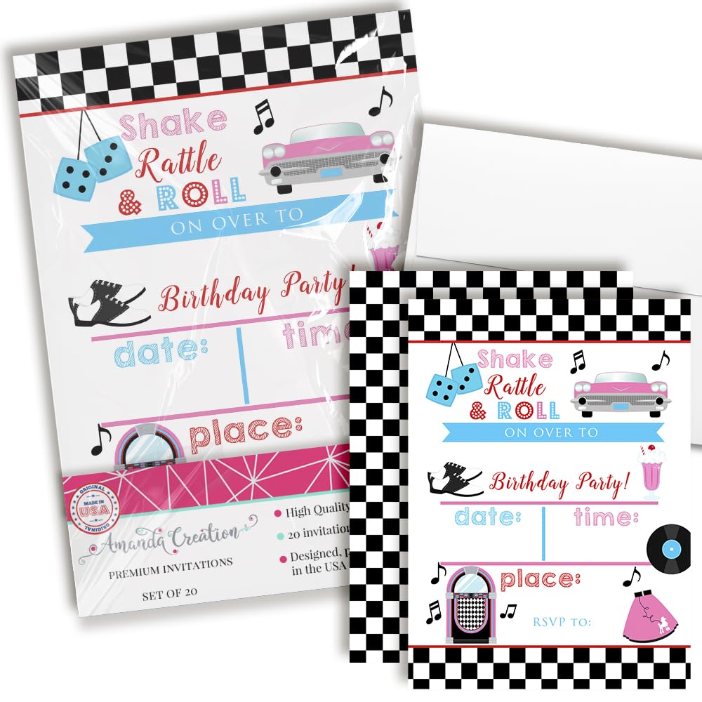 50's Sock Hop Birthday Party Invitations, 20 5x7 Fill In Cards with Twenty White Envelopes by AmandaCreation