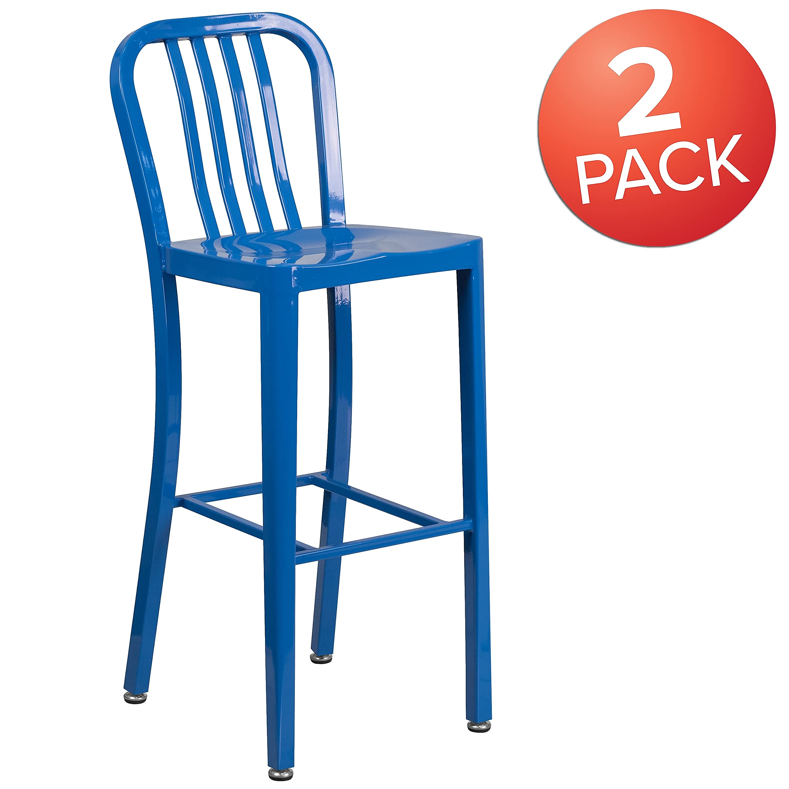 Flash Furniture Gael Commercial Grade 2 Pack 30" High Blue Metal Indoor-Outdoor Barstool with Vertical Slat Back