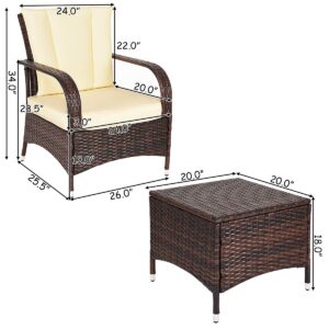 Tangkula 3 Piece Patio Furniture Set, 2 Wicker Chairs with Glass Top Coffee Table, Outdoor Garden Porch Poolside Furniture Set for 2, Rattan Conversation Set