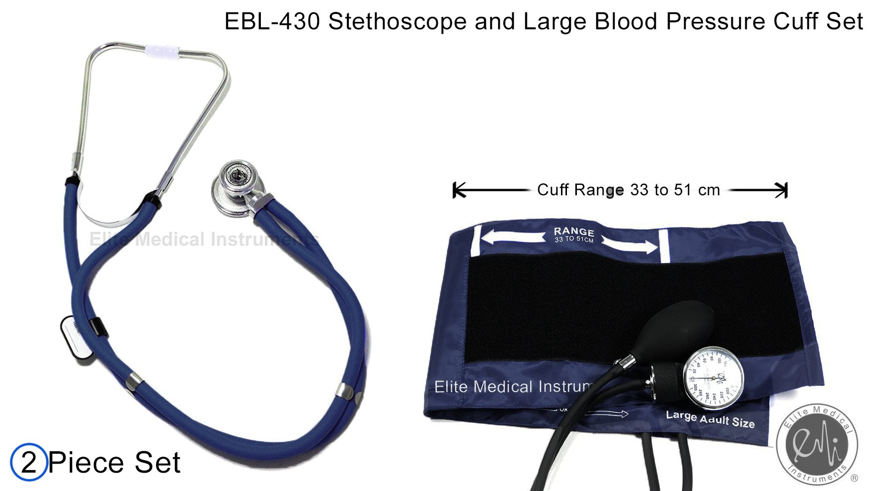 EMI EBL-430 Navy Sprague Rappaport Dual Head Stethoscope and Manual Aneroid Sphygmomanometer Blood Pressure with Large Adult Cuff (Cuff Size: 33 cm to 51 cm | 13 inch to 20 inch)