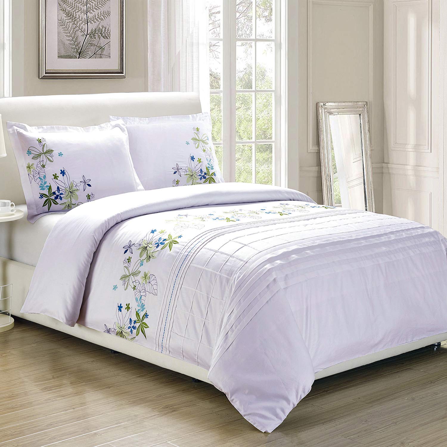 Superior Embroidered Cotton Duvet Cover Set, Soft Bedding Covers, 1 Duvet Cover with Button Closure, 2 Pillow Shams, Two-Line Design, Spring Blooms Collection, King/California King, White