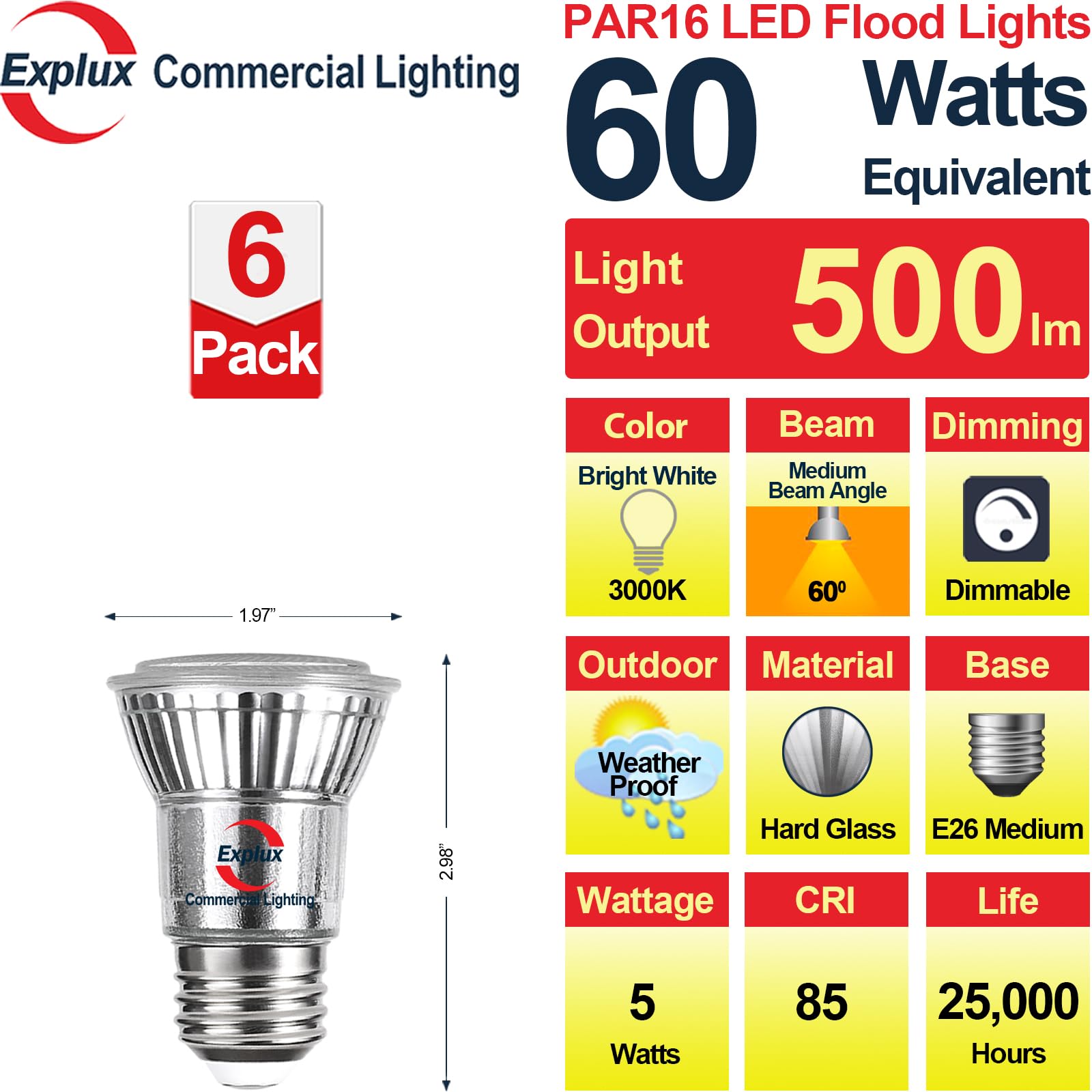 Explux Commercial-Grade LED PAR16 Long Neck Spotlight Bulbs, Dimmable, 60W Equivalent 500 Lumens, Classic Full Glass, 3000K Bright White, 6-Pack