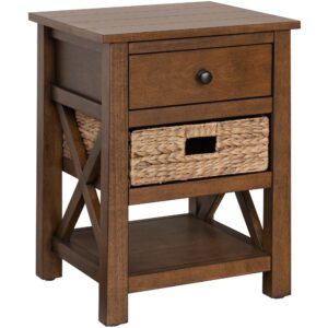 ehemco x-side nightstand end table side table with drawer, 2 storage shelves and wicker basket, coffee