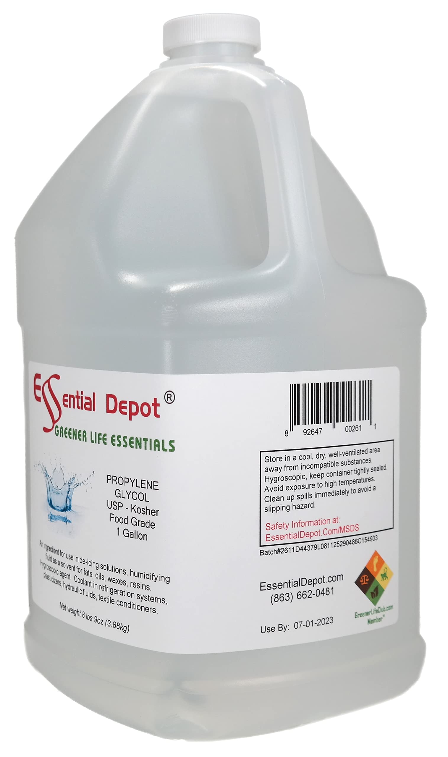 Propylene Glycol - USP - Kosher - Food Grade - USP - Kosher - 8 lb 9 oz net wt in a 1 Gallon Safety Sealed HDPE Container with resealable Cap